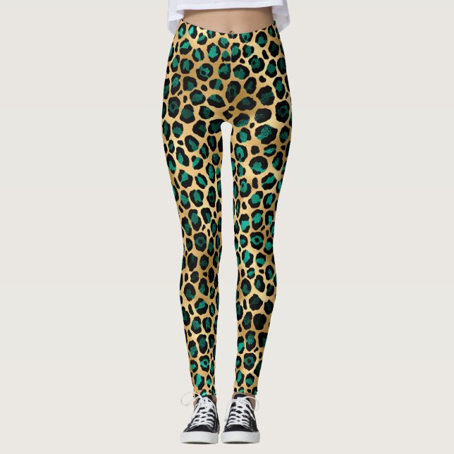Legging Série de Design Verde Azul e Dourado Leopardo 14 (Frente)