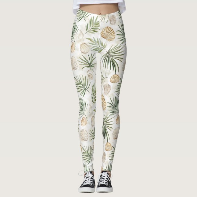 Legging Shells Beach Green Palm Tree Leaves (Frente)