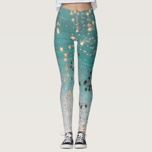 Legging Shimmery Dourado Stars on Teal 