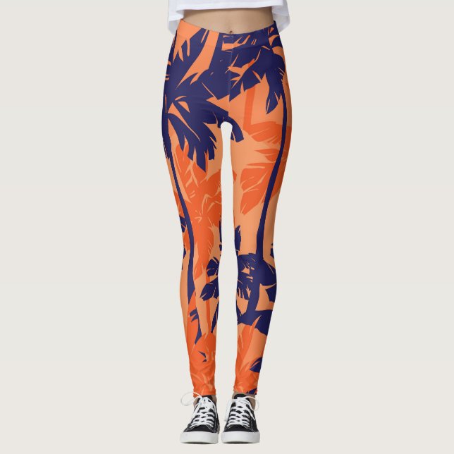 Legging Silhueta azul de palma, fundo laranja (Frente)