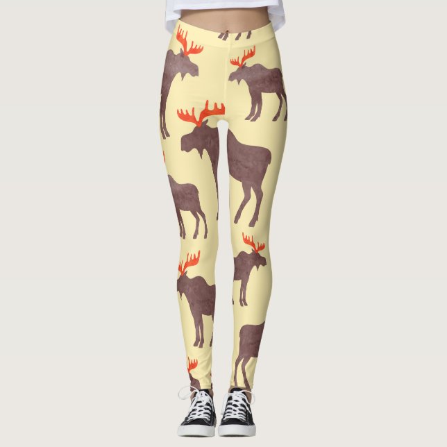 Legging Silhueta de alces dintados, padrão de aquarelas (Frente)