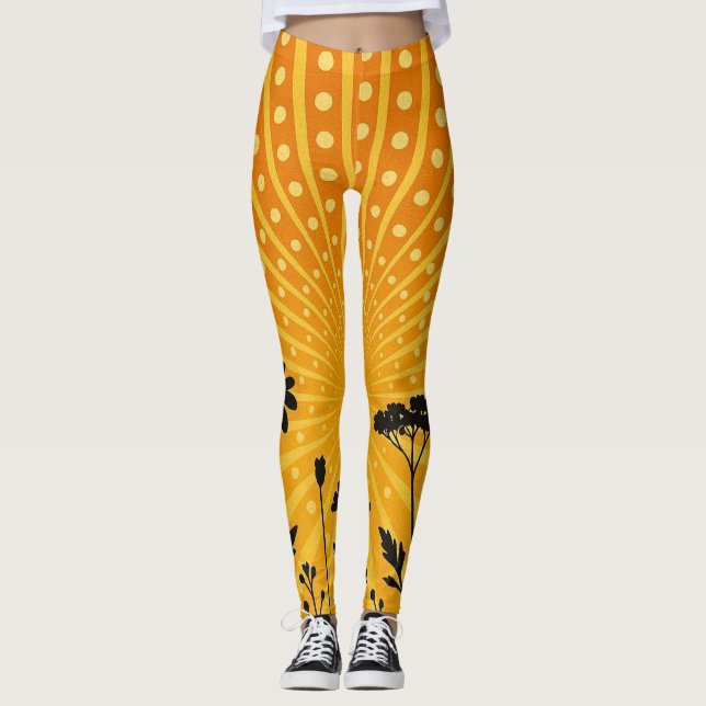 Legging Silhueta de bolinhas radiantes douradas em flor  (Frente)