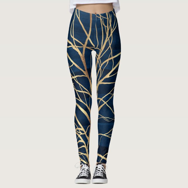 Legging Silhuette de árvore Dourada moderna, Design azul m (Frente)