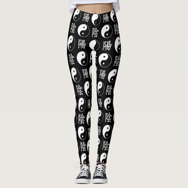 Legging Símbolo Black Yinyang - Padrão de Texto Chinês (Frente)