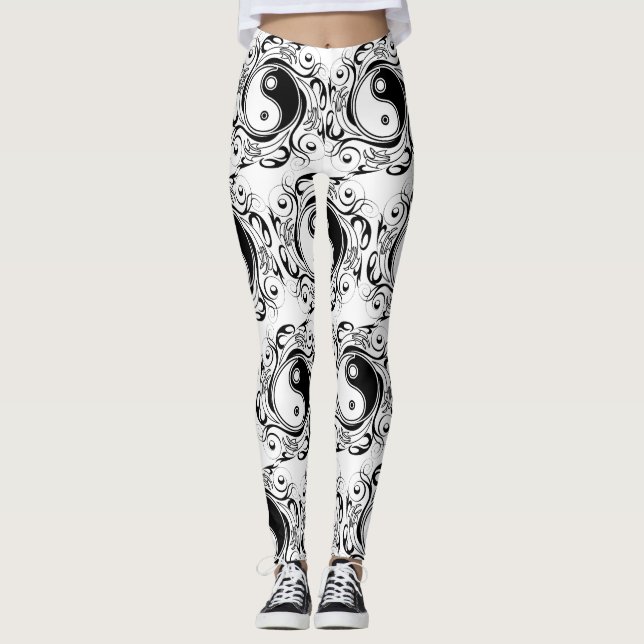 Legging Símbolo Yin & Yang Estilo de Tatuagem Preto e Bran (Frente)