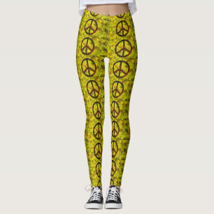 Legging símbolos de paz de entalhe hippie amarelos