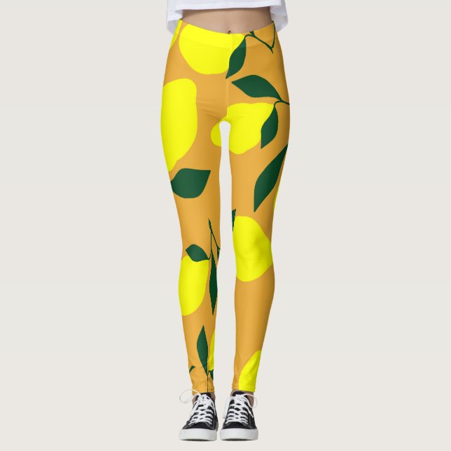 Legging Simples padrão de limão, fundo laranja. (Frente)