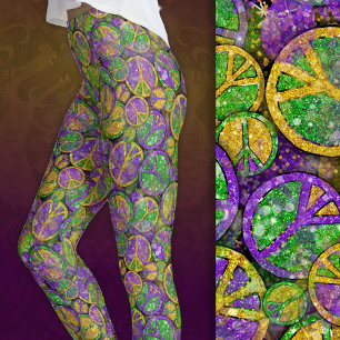 Legging Sinais de Paz do Mardi Gras em Roxo, Verde e Doura