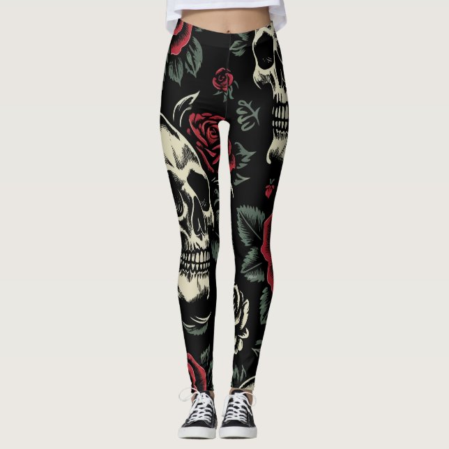 Legging Skulls & Rosa vermelha Gothic Floral (Frente)