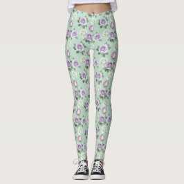 Legging Soft Lilac And White Roses With Watercolor Effects