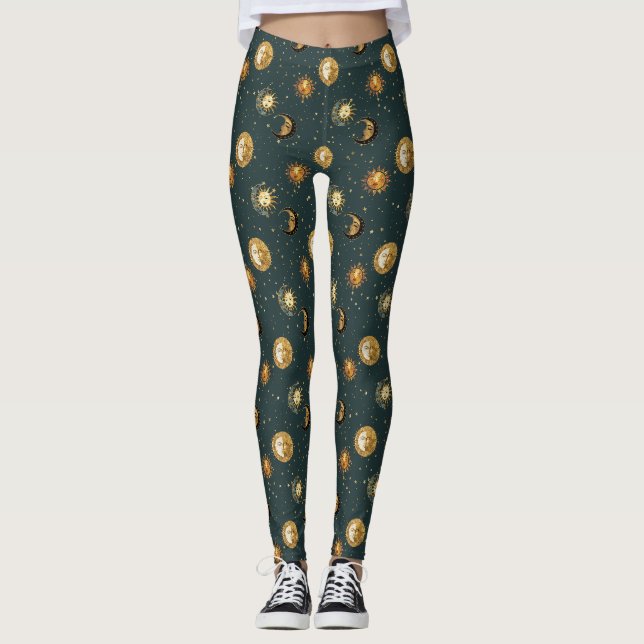 Legging Sol Dourado Celestial Lua Estrelas Azul Meia-Noite (Frente)