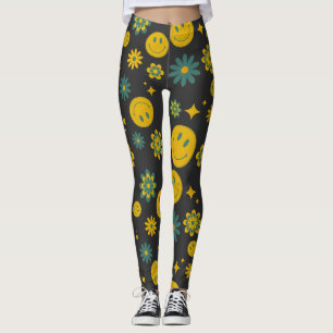 Legging sorriso engraçado rosto e flores ranchosas