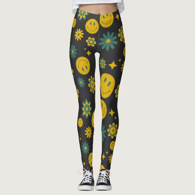 Legging sorriso engraçado rosto e flores ranchosas (Frente)