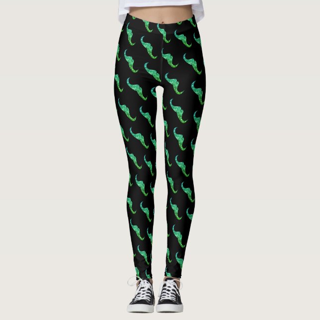 Legging Sparkly teal green ombre Mustache pattern black (Frente)