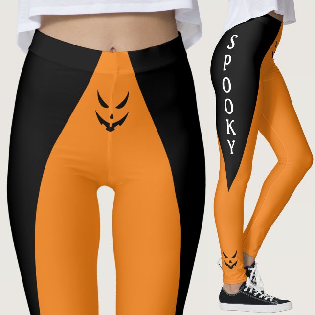 Legging Spooky Jack O Lanterna Pumpkin Orange Halloween (black and orange spooky jack o lantern face Halloween leggings)