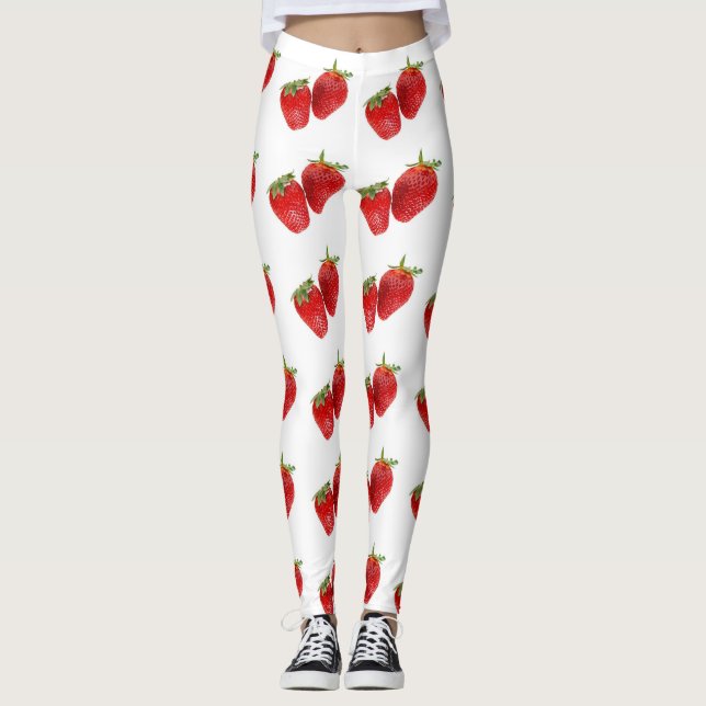 Legging Strawberry Seamless Pattern – Cute Red Fruit on Wh (Frente)
