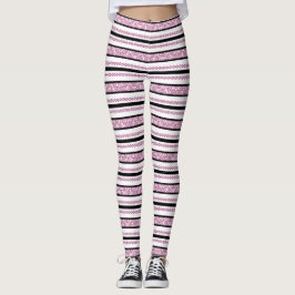 Legging Stripes Pretas e Brancas com Padrão Floral Magenta