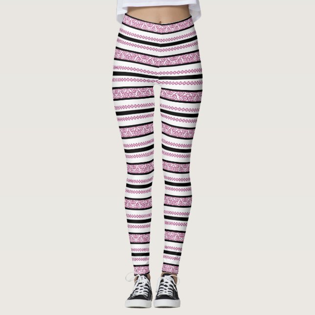Legging Stripes Pretas e Brancas com Padrão Floral Magenta (Frente)