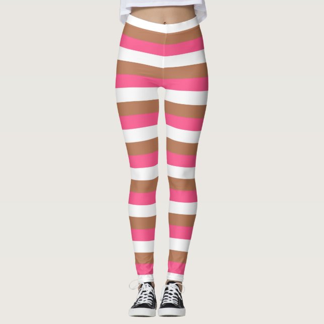 Legging Stripes Rosa, Branco e Marrom Quentes (Frente)