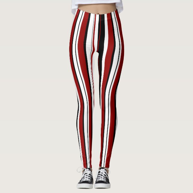 Legging Stripes Verticais Pretas Vermelhas e Brancas (Frente)