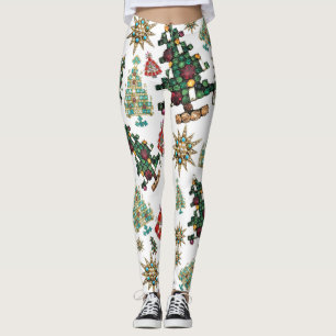Legging Stylish Christmas Tree Jewel Pattern Plain White 