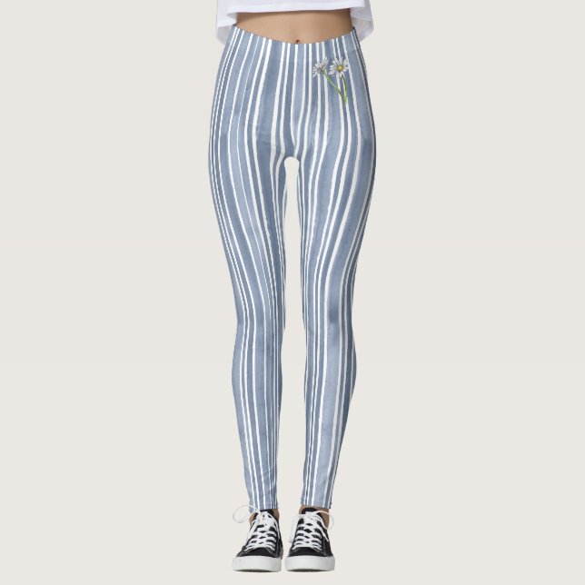Legging Stylish Pale Blue Striped Watercolor Daisy  (Frente)