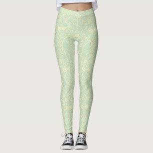 Legging Suave Treliça Botânica Art Nouveau em Azul-Mint