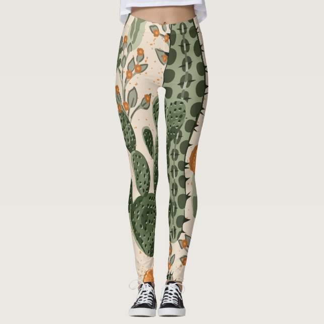 Legging Suculentes verdes, flores laranja, papel de parede (Frente)