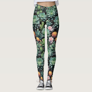 Legging Sucultivos Verdes e Flores de Cactus Negras