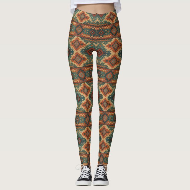 Legging Sudoeste tradicional rústico azul-turquesa & marro (Frente)