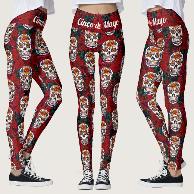 Legging Sugar Skull Cinco de Mayo Red Floral (Sugar Skull Cinco de Mayo Red Floral Leggings)