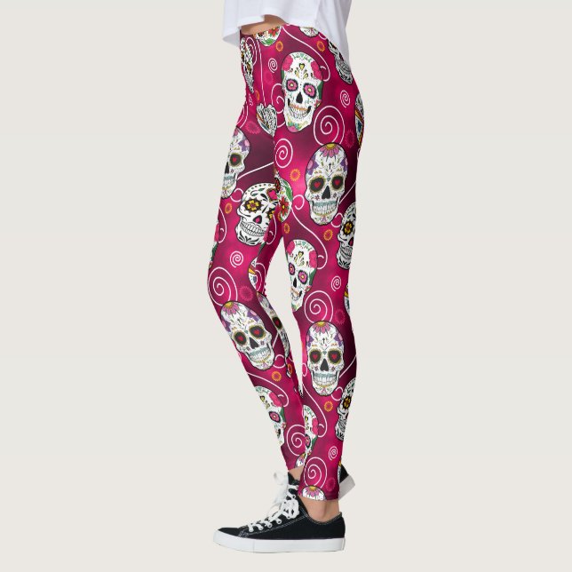 Legging Sugar Skulls and Swirls Rosa Red ID725 (Esquerda)
