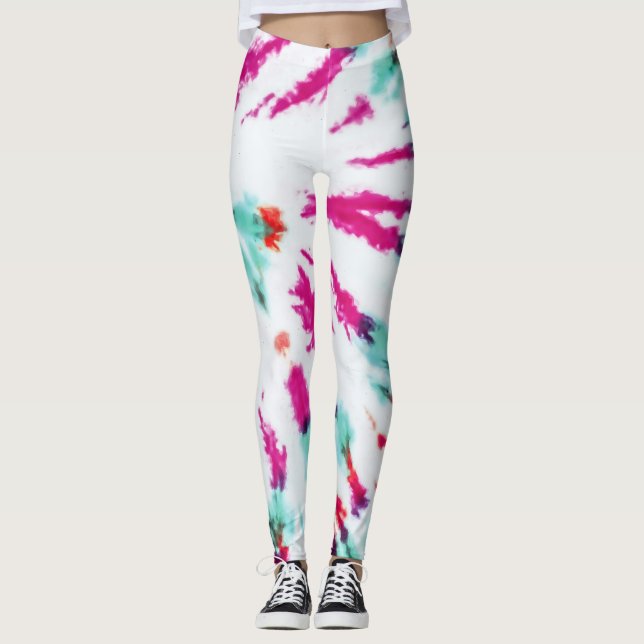 Legging Summer Artsy Girly Neon Teal Pink Tie Dye Padrão (Frente)