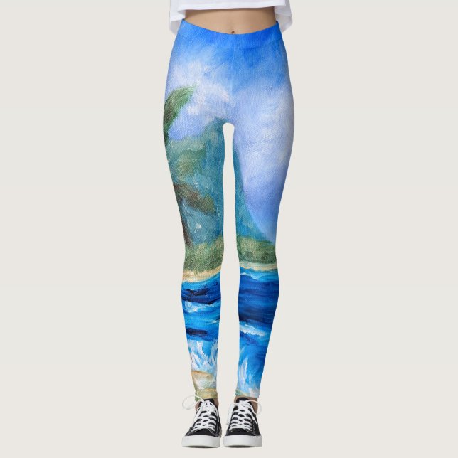 Legging Sunny Hawaii Beach Painting Tropical Paradise Palm (Frente)
