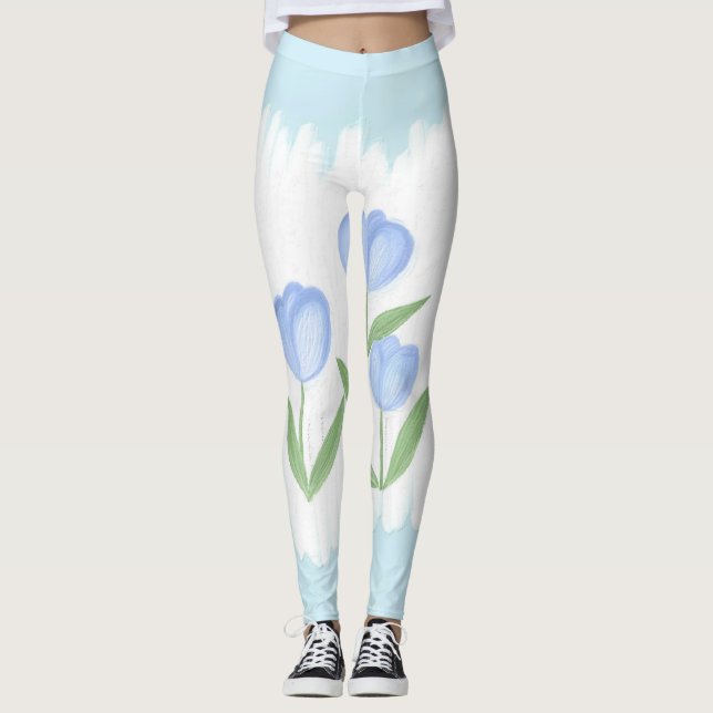 Legging Sussuros de Primavera: Tulipas Azuis na Canvas de  (Frente)