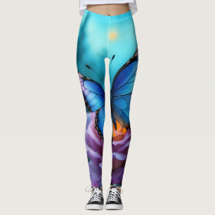 Legging Sussurros da Borboleta Azul do Jardim e Rosa Mauve
