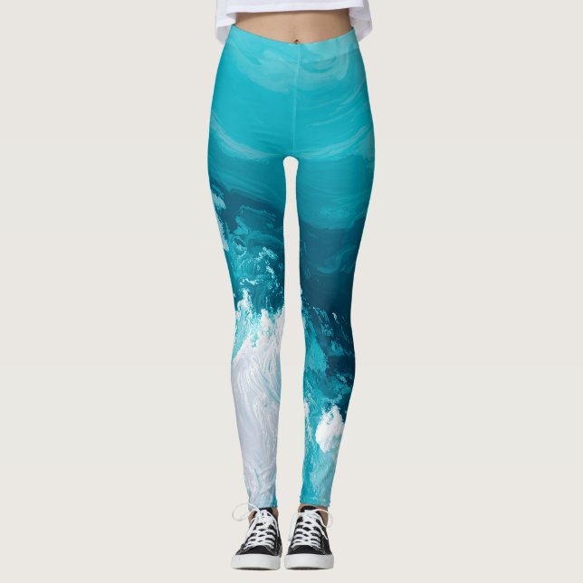 Legging Swirling Turquoise Waves Abstract Ocean Wave Art (Frente)