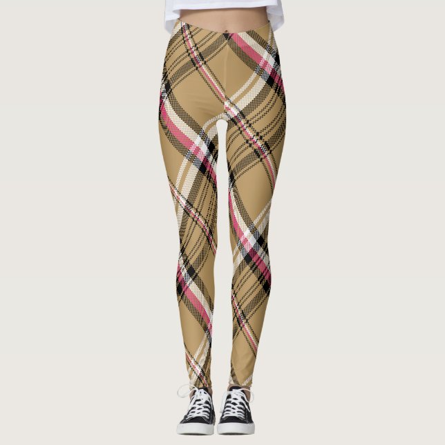 Legging tartan de xadrez bege rosa-quente (Frente)