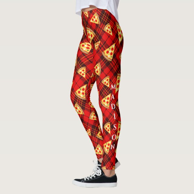 Legging Tartan Vermelho Brilhante Pizza padrão com texto (Esquerda)