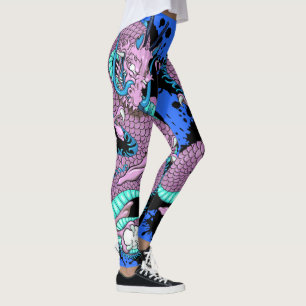 Legging Tatuagem de Dragão com Salpico Roxo em Azul Elétri