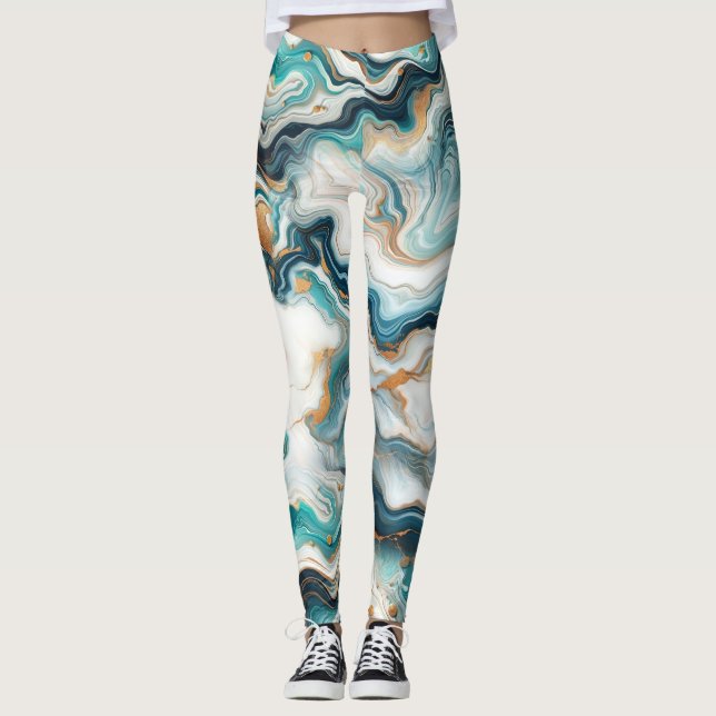 Legging Teal Azul Ouro Branco Moderno Mármore Ágata Casame (Frente)