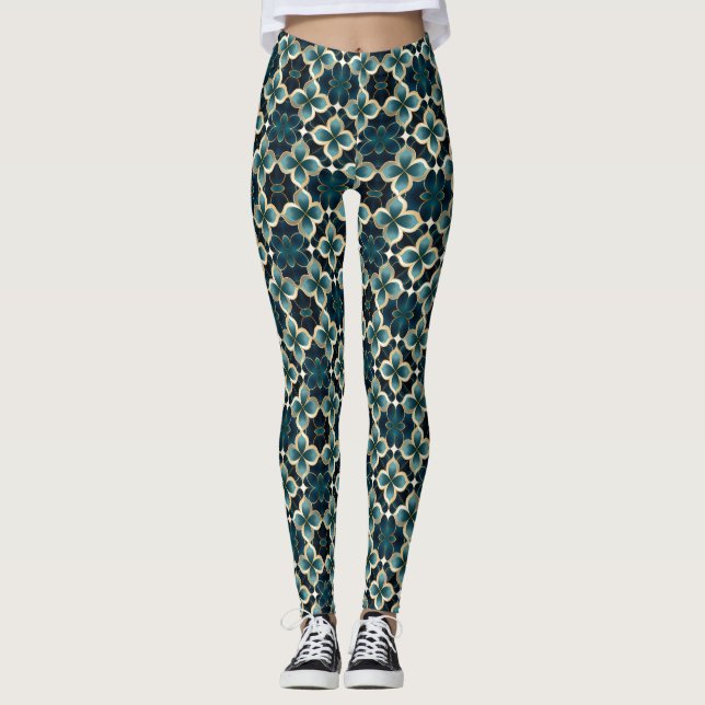 Legging Teal Blue Gold Black Floral Art Deco Inspirado Gym (Frente)