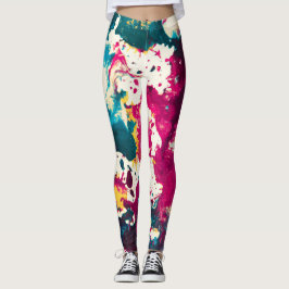 Legging Teal de pintura e magenta com Abstrato colorida
