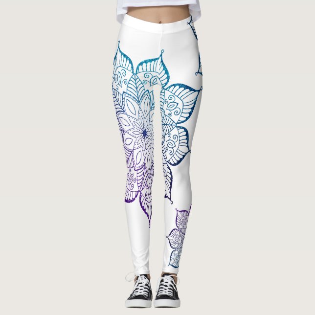 Legging Teal e roxo Ombre Faux Glitter Mandalas, branco (Frente)
