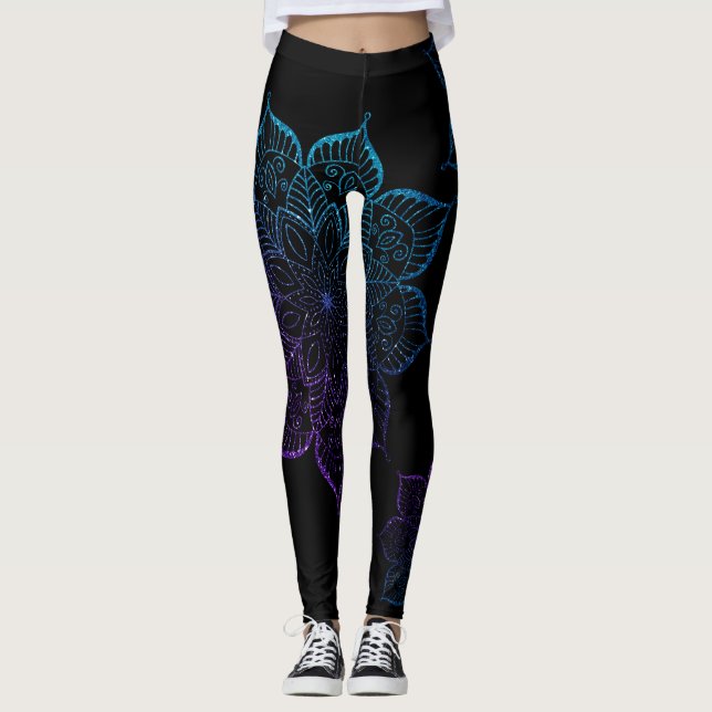 Legging Teal e roxo Ombre Faux Glitter Mandalas, preto (Frente)