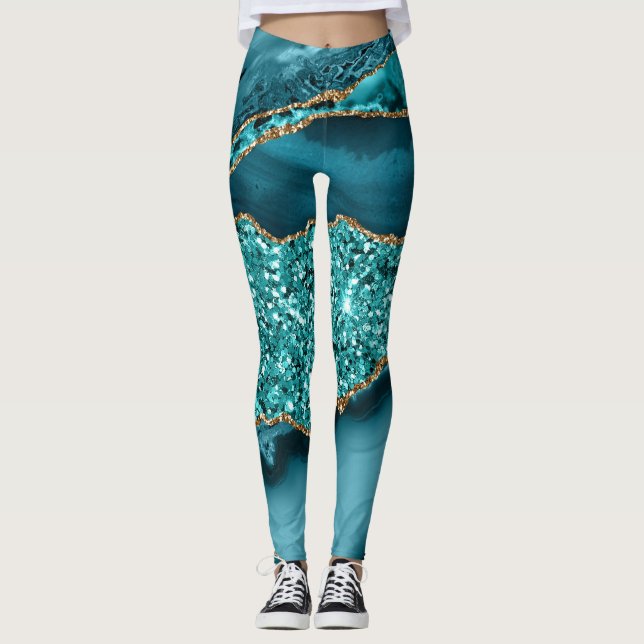Legging Teal Elegante e Agato Dourado do Oceano Glitter (Frente)