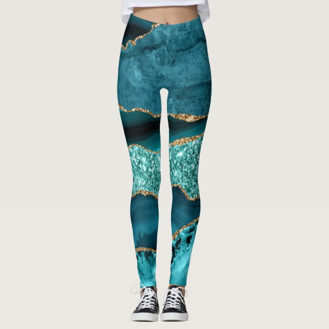 Legging Teal Elegante e Agato Dourado do Oceano Glitter (Frente)