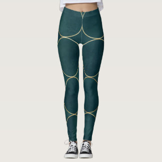 Legging Teal Escuro, Círculos Dourados Aquarela.