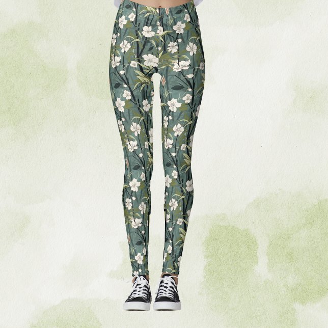 Legging Teal Green Chinoiserie Tropical White Gold Floral (Criador carregado)