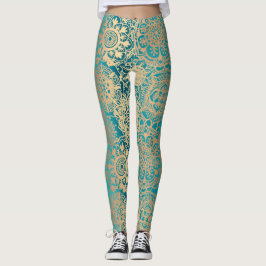 Legging Teal Green e Dourado Boho Mandala Padrão Yoga